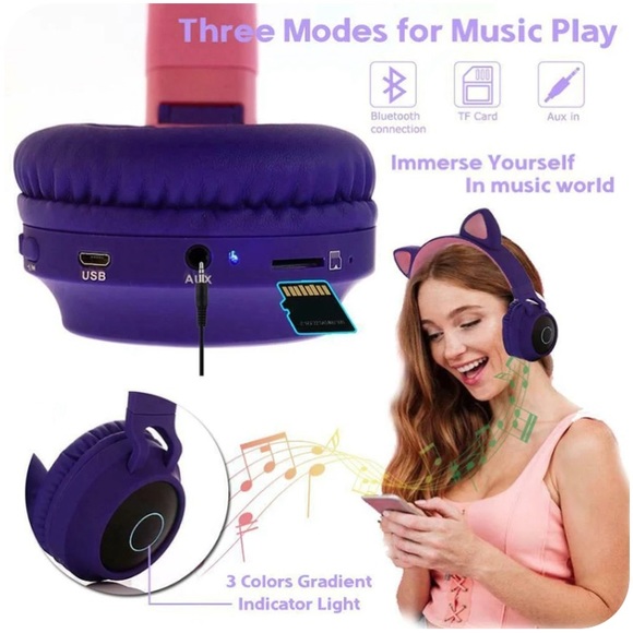 Cat Ears Headphones LED Light Bluetooth Stereo Wireless, Mic different features - Picture 5 of 11